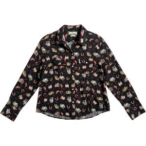 Loco Lindo Western Novelty Print Shirt XL Black Rayon Horse Saddle Cowgirl Rodeo
